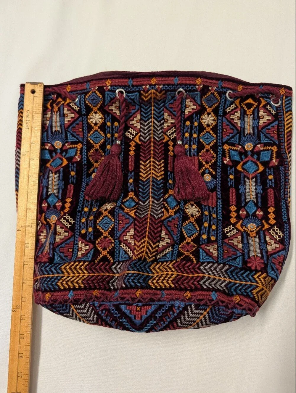 Johnny Was Burgundy Multi Boho Geometric Embroidered Drawstring Backpack Bag